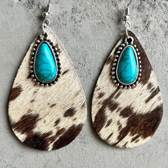 Private Label Jewelry - Animal Print Leather Cowhide Suede & Turquoise Fishhook Earrings NWOT